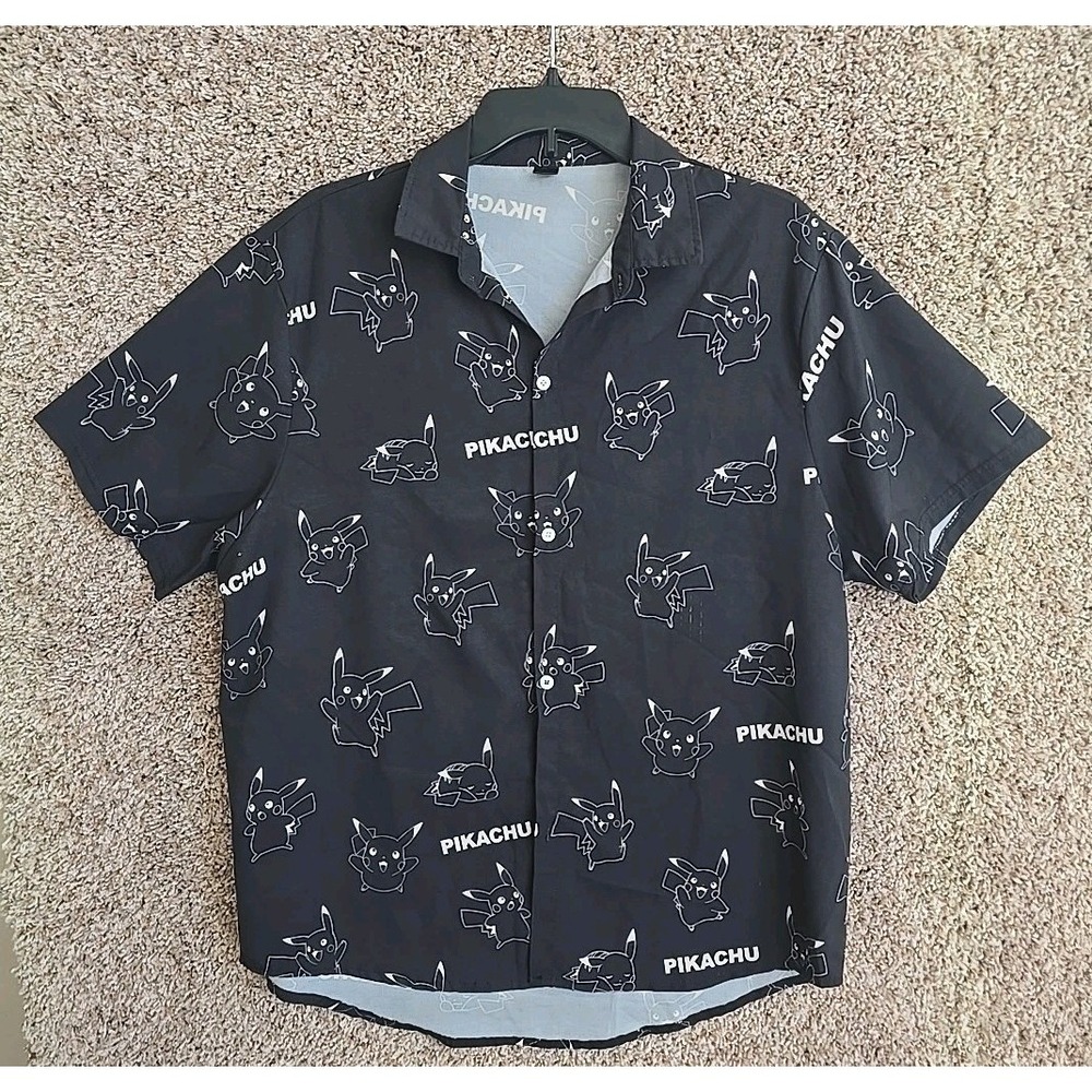 Pokemon Pikachu Pajamas Black Shirt L - Cool Touch Fabric Button-Down